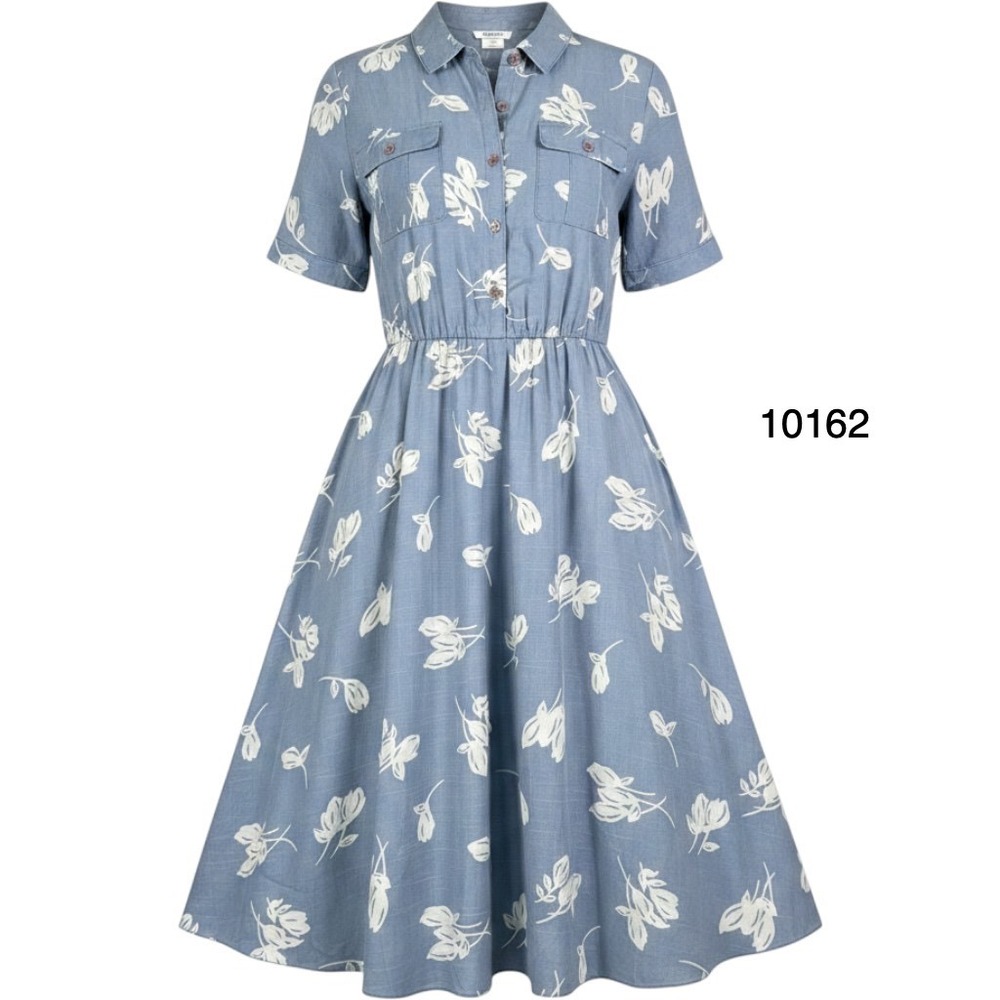 Vintage Stuart Alan Fit & Flare Dress Womens 16 Blue Floral Elastic Waist USA